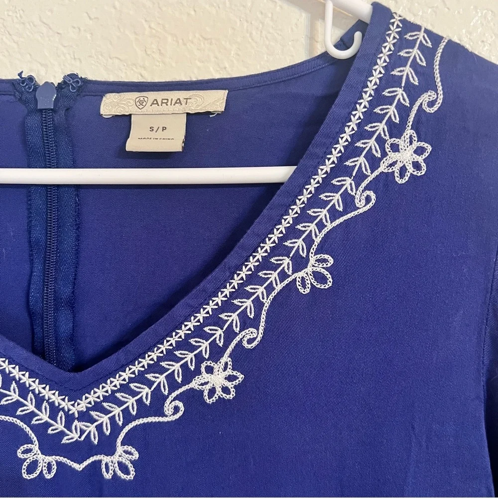 Ariat dress Blue Embroidered V-Neck Tunic Dress small boho coastal western rodeo - Picture 3 of 9